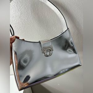 Authentic Salvatore Ferragamo Trifolio Silver Nero Metallic Shoulder Bag